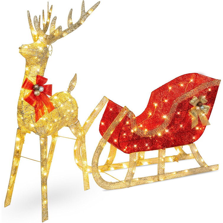 Lighted Display, Reindeer Pulling Sleigh 2024 Lighted Display